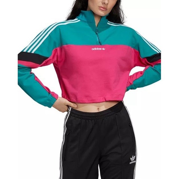 Adidas Originals Vintage 90's Color-Block Half Zip Cropped Sweatshirt Size M - Picture 2 of 15